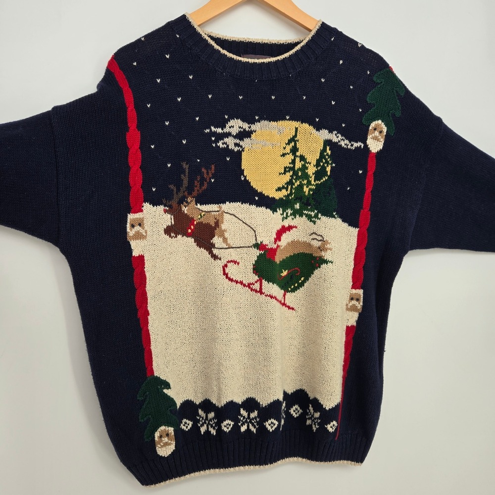 Vtg Woolrich Christmas Sweater Mens L Santa Sleigh Reindeer Winter Festive Blue